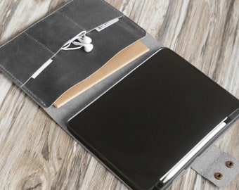 Personalized ipad mini 6 case/ iPad Pro 12.9 / Pro 11 case /iPad air 5, Portfolio Case with apple pencil holder - distressed gray
