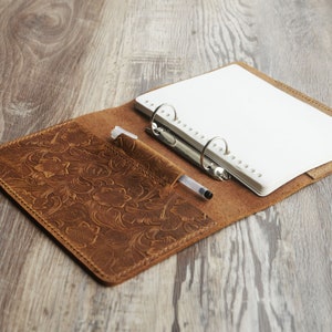 Classeur à 2 anneaux A5 / A6 / A4 / format lettre, classeur en cuir, couverture de classeur en cuir, dossier en cuir, portefeuille en cuir - brun repoussé - D712_2H