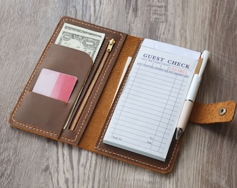 Server Book Organizer with Zipper Pocket,  Leather Restaurant Guest Check Presenters card holder for Waitress, Waiter, Bartender