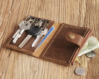 Personalized Leather Key Case Wallet / Key Holder Wallet / Coin Purse, Genuine Full Grain distressed Leather - YS001