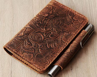 Refillable genuine Tooled Leather Journal Cover for pocket size field notes notebook pen holder card slots / fit 3.5 x 5.5" - 302