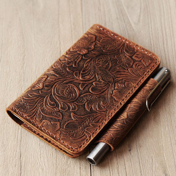 Refillable genuine Tooled Leather Journal Cover for pocket size field notes notebook pen holder card slots / fit 3.5 x 5.5" - 302