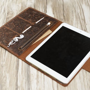 Tooled Leather 2019 iPad air 10.5 / 2019 mini 5 /  Pro 10.5 / 12.9 / 9.7 Retina Leather Portfolio Case w/ apple pencil holder