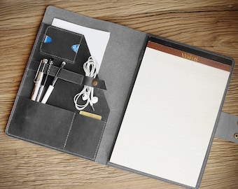 Personalized leather Portfolio, Notepad holder, 8.5 x 11.75 letter size Writing padfolio, Leather Business Folio, Work portfolio, Gray, D311