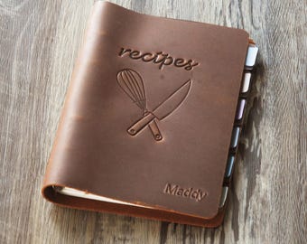 Personalized Leather Recipe Book to Write in Your Own Recipes, A5 Recipe Ring Binder with custom Leather Cover (with 160 Page)