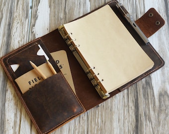 Personalized Leather Binder Cover, A5 Binder 6 Rings, Refillable Planner, Travelers Journal, Leather Sketchbook - Distressed Brown - 704