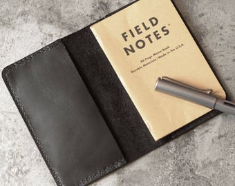 Refillable genuine Leather Journal Cover for pocket size field notes notebook / fit 3.5 x 5.5" field notes black