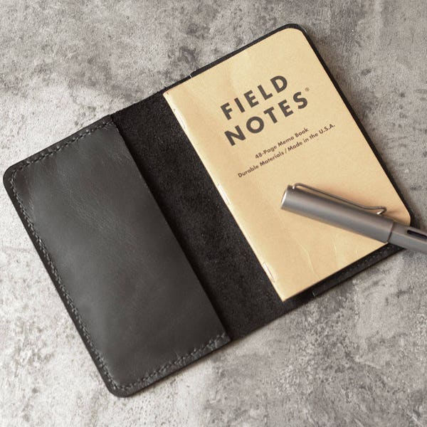 Refillable genuine Leather Journal Cover for pocket size field notes notebook / fit 3.5 x 5.5" field notes black