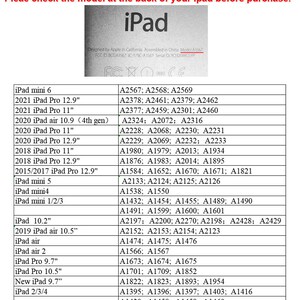 May include: A white table with a black and white grid pattern listing different iPad models and their corresponding model numbers. The table is titled "iPad" and includes models such as iPad mini 6, iPad Pro 12.9", iPad Pro 11", iPad air 10.9", and iPad air 10.5".