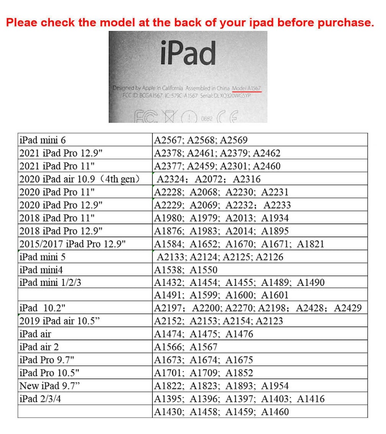 May include: A white table with a black and white grid pattern listing different iPad models and their corresponding model numbers. The table is titled "iPad" and includes models such as iPad mini 6, iPad Pro 12.9", iPad Pro 11", iPad air 10.9", and iPad air 10.5".