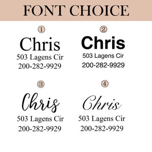 May include: Four different font styles for the name "Chris" with the address "503 Lagens Cir" and phone number "200-282-9929" displayed below each name.