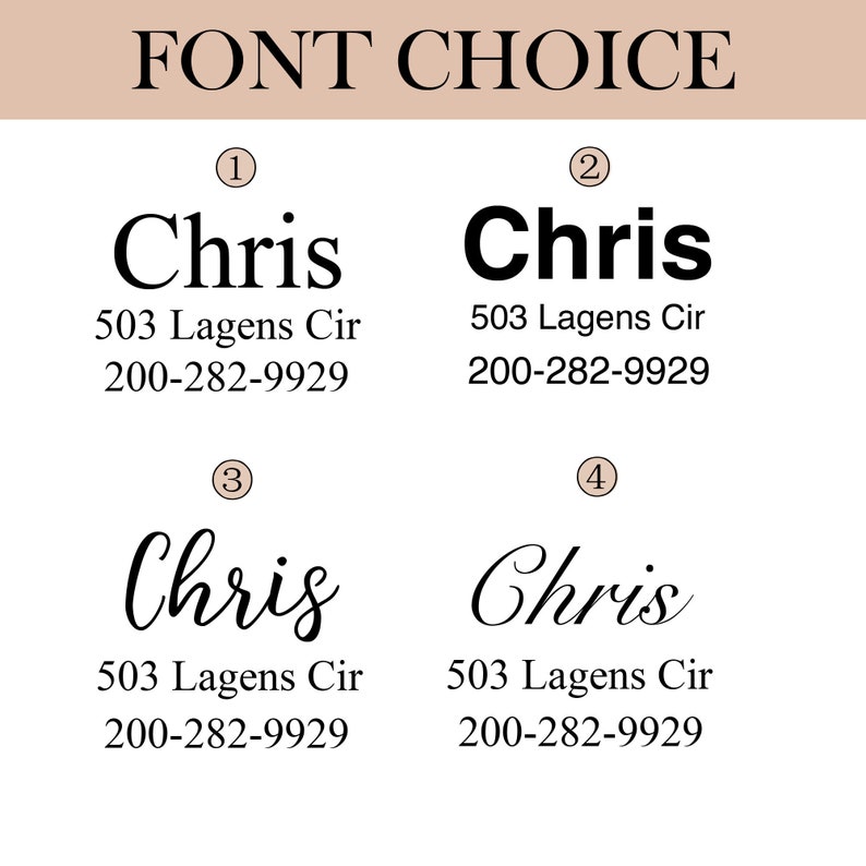 May include: Four different font styles for the name "Chris" with the address "503 Lagens Cir" and phone number "200-282-9929" displayed below each name.