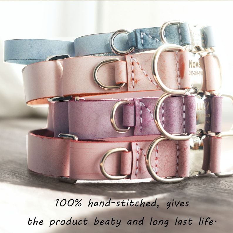 May include: Four leather dog collars stacked on top of each other. The collars are in different colors: light blue, pink, purple, and a darker pink. Each collar has a silver buckle and a silver D-ring. The collars are hand-stitched and have the names "Nova" and "Lucy" engraved on the buckles.