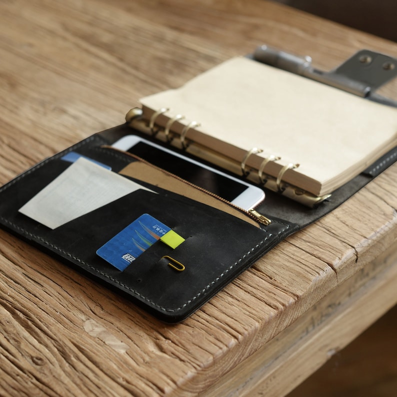 Personalized A5 Size 6 ring Leather zipper Refillable Planner Binder, travelers Journal