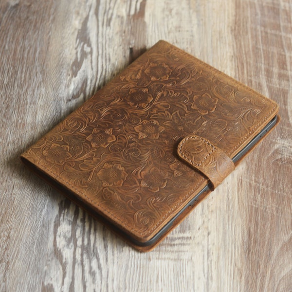 Floral Tooled leather magnetic 2025 iPad pro 13/11 case , 2025 iPad Air 13/11 cover, leather iPad mini 7 case, Brown606
