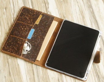 Genuine Tooled leather iPad mini 6 case,  pro 12.9 / Pro 11 case, iPad air 5, air 4 case 10.9, Leather Portfolio with apple pencil holder
