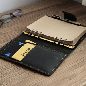 Personalized Size A5 Leather Refillable Planner Binder, travelers Journal, sketchbook, Distressed Leather, black, 704