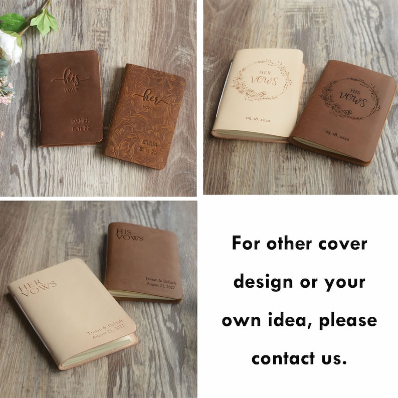 Peut inclure: Deux journaux reli&eacute;s en cuir avec les mots "His Vows" et "Her Vows" grav&eacute;s sur les couvertures. Les journaux sont de couleur marron et beige et pr&eacute;sentent un motif floral. Le texte "05.18.2023" et "August 21, 2023" est &eacute;galement grav&eacute; sur les couvertures.