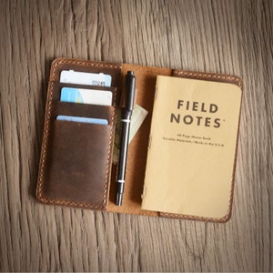 Leather Journal Cover for Field Notes / Moleskine Cahier Pocket size 3.5&quot; x 5.5&quot; with pen holder Refillable Distressed Brown 308
