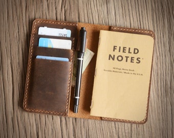 Leather Journal Cover for Field Notes / Moleskine Cahier Pocket size 3.5" x 5.5" with pen holder Refillable Distressed Brown 308