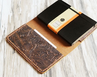 Refillable floral tooled Leather Journal cover for Moleskine XL, field notes cover leather / Cahier / Volant Journal - 305