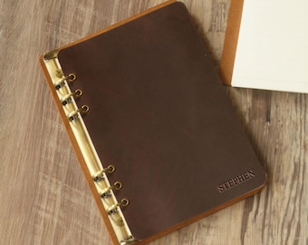 Personalized A5 / A6 A7 / 6 ring Leather Journal, leather refillable binder travel notebook, Daily Planner - 714