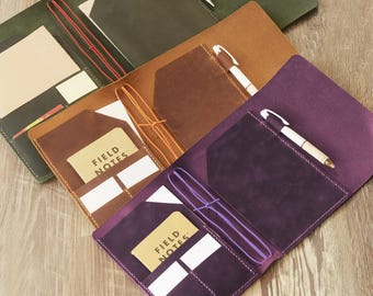 Personalized Leather Journal Cover – Trifold Traveler's Notebook in A5/A6/A4/B5/B6 with Charms