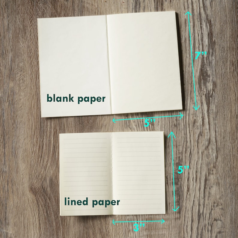 Peut inclure: Deux cahiers, l'un avec du papier blanc et l'autre avec du papier lign&eacute;. Le cahier &agrave; papier blanc mesure 12,7 cm de large et 17,8 cm de haut. Le cahier &agrave; papier lign&eacute; mesure 12,7 cm de large et 7,6 cm de haut.