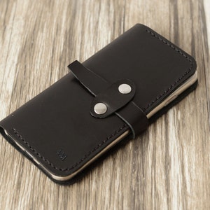 Funda de cuero IPhone 7, funda para iPhone 8+, monograma, billetera iPhone X para mujer/ hombre, cartera de fundas para iPhone 7+, cuero curtido en veg, negro