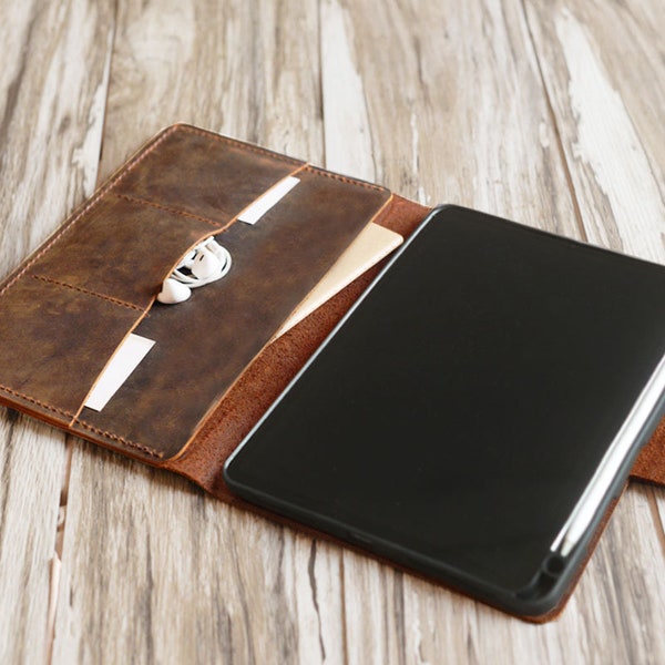Personalized  ipad air case,  iPad mini 6 case, 2022 pro 12.9, Pro 11 case, iPad air 5,ipad portfolio magnetic apple pencil holder - brown