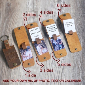 May include: A brown leather keychain with six sides. Each side can be customized with a photo, text, or calendar. The keychain features the text "Husband, Father, Legend" on one side and "Drive safe, I love you more" on another side. The keychain also includes a side with the text "Husband, Daddy, Protector, Hero" and a side with the text "You mean the world to us. Love."