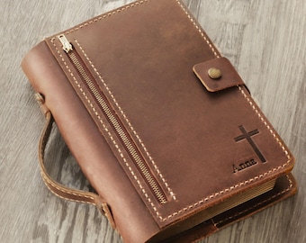Personalized Full Grain Leather Bible Cover with Pen Holder, Handle and Zipper Pocket, Custom Engraved Christian Gift