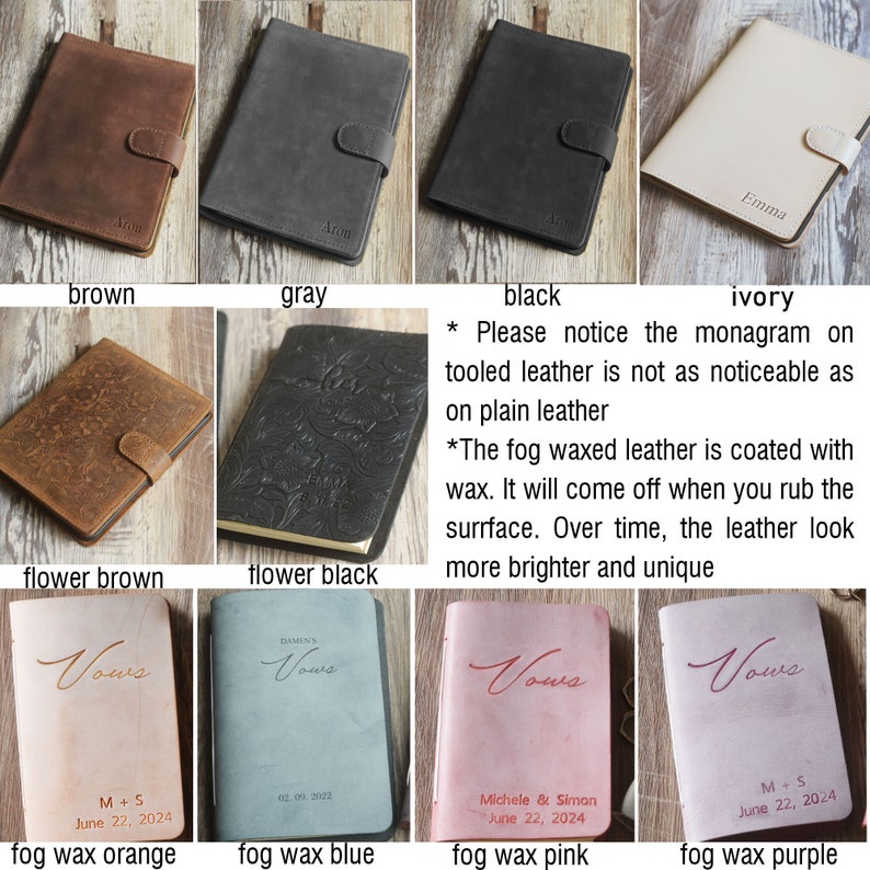 May include: Ten different leather-bound journals in various colors and textures. The journals have a simple design with a flap closure and a small metal accent. The colors include brown, gray, black, ivory, flower brown, flower black, fog wax orange, fog wax blue, fog wax pink, and fog wax purple.