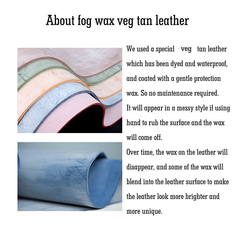 Op de afbeelding: Close-up van twee stukken leer die de verschillende kleuren en texturen van plantaardig gelooid leer laten zien. Het leer is geverfd en waterdicht en heeft een lichte waslaag. De tekst "About fog wax veg tan leather" staat bovenaan de afbeelding.