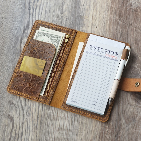 Organisateur de livres de serveur avec poche zippée, porte-cartes en cuir pour présentateurs de chèques d'invités de restaurant, pour serveuse, serveur, barman