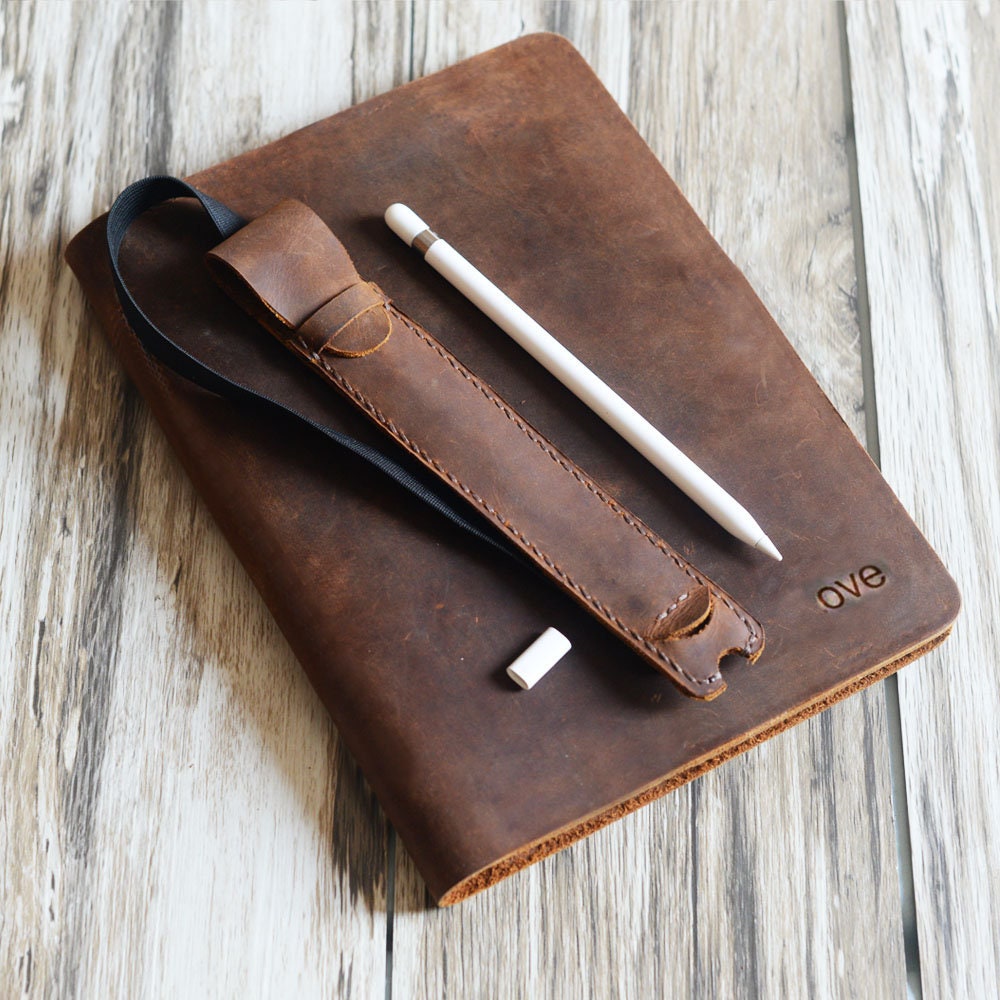 2014 iPad mini 7  / air 10.5 / New iPad 9.7 / Pro 12.9 / Pro 10.5 Leather Case detachable apple pencil holder - distressed brown - 602