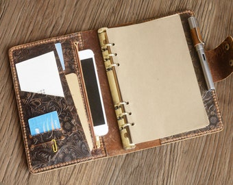 Personalisierte A5 Größe 6 Ring Reißverschluss Leder nachfüllbare Planer Binder, Reisende Journal, Skizzenbuch, distressed werkzeuged Leder, 706