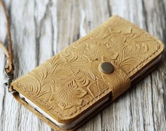 Wristlet iPhone 14 Pro Max Case, Tooled Leather iPhone 14 Plus / 14 Pro / 14 Wallet Case with Card Holder - Tan Pattern
