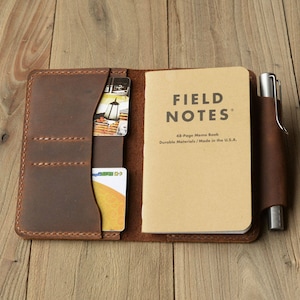 Cubierta de diario de cuero genuino recargable para notas de campo de tamaño de bolsillo portabolígrafos ranuras para tarjetas/apto para notas de campo de 3,5 x 5,5" 304