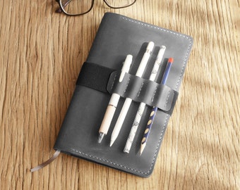 Personalized moleskine cover for classic moleskine Large size (5 x 8.25), Leather journal cover with elastic pencil holder - gray - 305M+4B