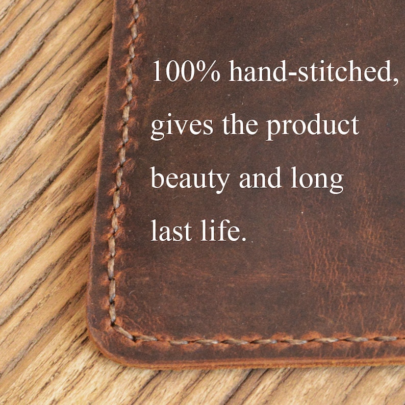 May include: Close-up of a brown leather surface with a stitched edge. The text "100% hand-stitched, gives the product beauty and long last life." is printed in white.
