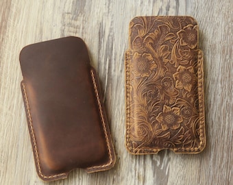 Personalized iPhone leather sleeve pouch for iPhone 17 air, 17 Pro, 16 , genuine leather iPhone 17 16 15 14 Pro Max sleeve