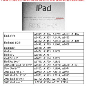 May include: A white label with the word "iPad" in black text. Below the word "iPad" is a table listing different iPad models and their corresponding model numbers. The table includes models such as iPad 2/3/4, iPad mini 1/2/3, iPad mini 4, iPad air, iPad air 2, iPad Pro 9.7", iPad Pro 10.5", 2015/2017 iPad Pro 12.9", New iPad 9.7", 2018 iPad Pro 11", 2018 iPad Pro 12.9", 2019 iPad air 10.5", and 2019 iPad mini 5.