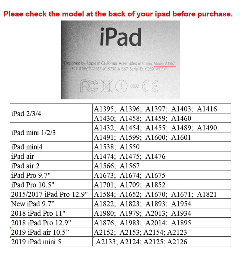 May include: A white label with the word "iPad" in black text. Below the word "iPad" is a table listing different iPad models and their corresponding model numbers. The table includes models such as iPad 2/3/4, iPad mini 1/2/3, iPad mini 4, iPad air, iPad air 2, iPad Pro 9.7", iPad Pro 10.5", 2015/2017 iPad Pro 12.9", New iPad 9.7", 2018 iPad Pro 11", 2018 iPad Pro 12.9", 2019 iPad air 10.5", and 2019 iPad mini 5.