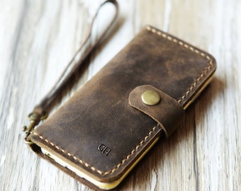 Schoudertasje echt leren iPhone 17 pro max / 16e / 16/16 Pro / 16 Plus / 15 Pro Max / 15 Plus / portemonneehoesje - Distressed Brown