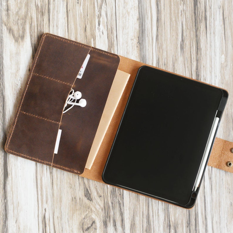 Personalized iPad air case, iPad mini 6 case, 2022 pro 12.9, Pro 11 case, iPad air 5,ipad portfolio magnetic apple pencil holder brown image 4