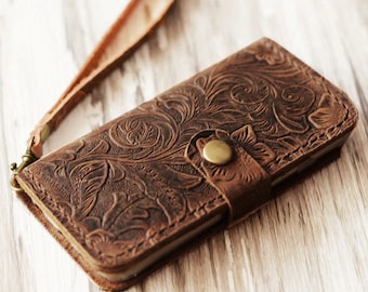 Genuine women Tooled Leather iPhone 15 / 15 Pro Max / 14 Plus / 13 /13 Pro Max / 13 mini / SE / 12 / 12 Pro Max wallet case  (Brown Pattern)