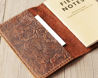 Refillable genuine Leather Journal Cover for pocket size field notes notebook / fit 3.5 x 5.5" field notes retro flower pattern