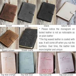 Peut inclure: Dix journaux reli&eacute;s en cuir de diff&eacute;rentes couleurs et textures. Les journaux ont une fermeture &agrave; rabat et sont personnalis&eacute;s avec des noms et des dates. Les couleurs comprennent le brun, le gris, le noir, le beige, le brun fleuri, le noir fleuri, l'orange, le bleu, le rose et le violet.