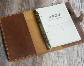 Hervulbare gepersonaliseerde lederen hoes met 2024 Planner, 2024 kalenderplanner, gepersonaliseerde planner, Executive gepersonaliseerd cadeau